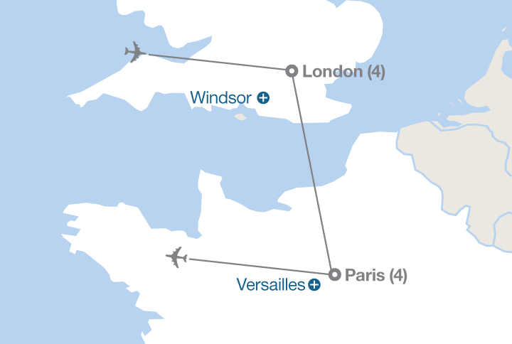 Image displaying map describing the itinerary of the Experience London & Paris tour