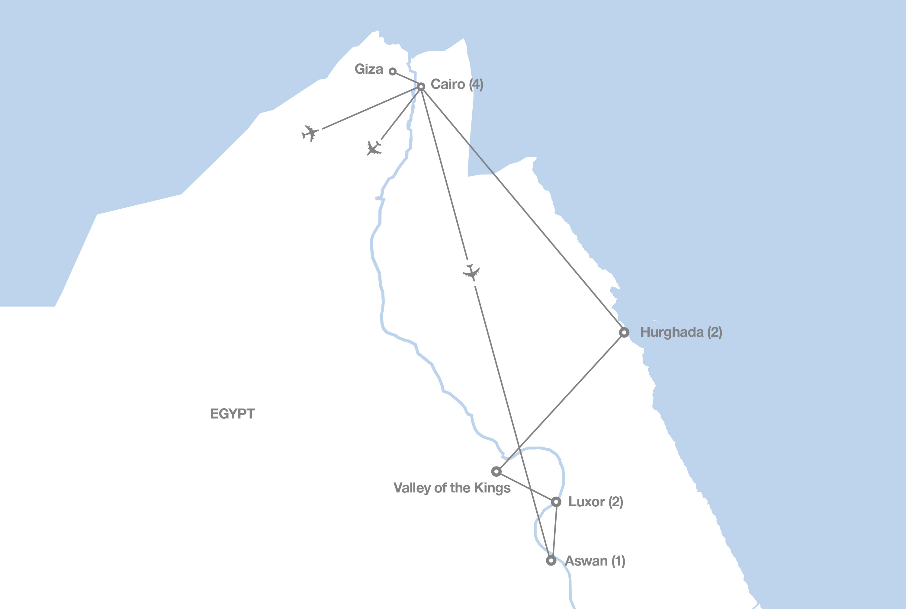 Image displaying map describing the itinerary of the Egypt's Ancient Wonders tour