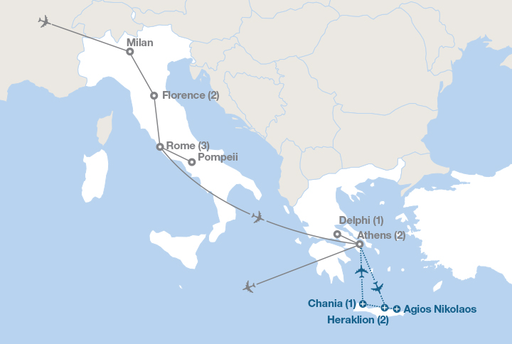 Image displaying map describing the itinerary of the Ancient Empires: Italy and Greece tour