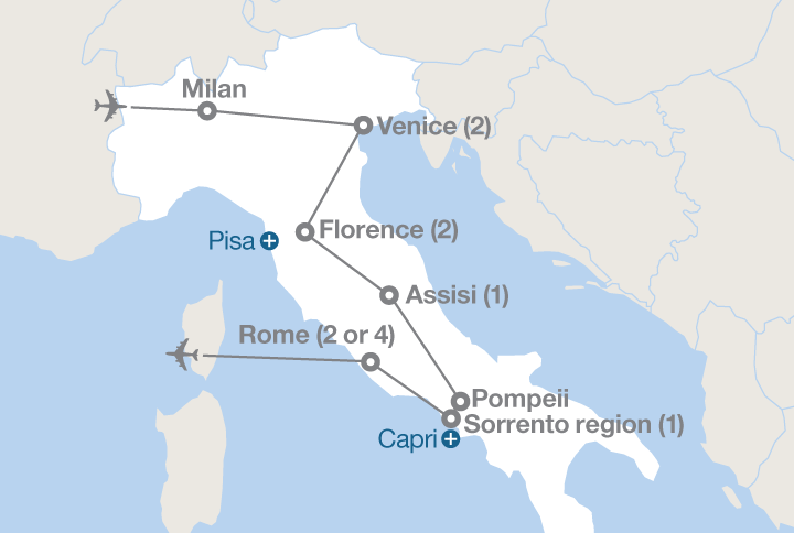 Image displaying map describing the itinerary of the Grand Tour of Italy tour