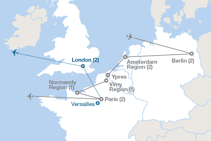 Image displaying map describing the itinerary of the From Vimy to Juno: History of Canada in the World Wars tour