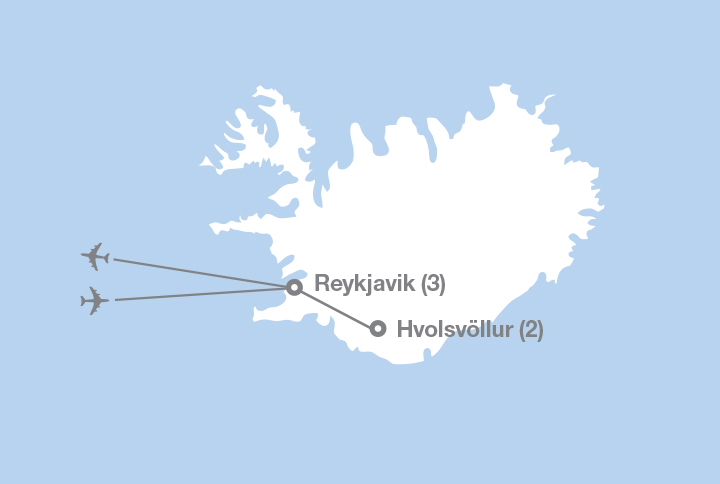 Image displaying map describing the itinerary of the Iceland: Glaciers & Geysers tour