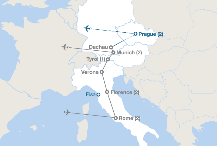 Image displaying map describing the itinerary of the Italy and Germany tour