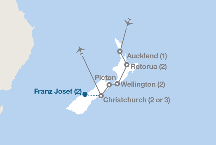 Image displaying map describing the itinerary of the New Zealand: North and South tour