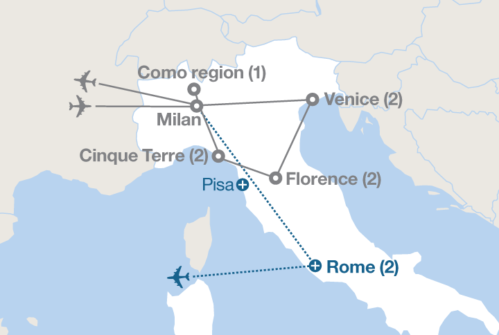 Image displaying map describing the itinerary of the Venice, Florence & Cinque Terre tour