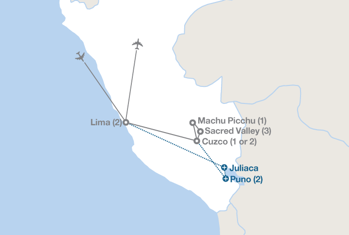 Image displaying map describing the itinerary of the Exploring Art, Culture and Service in Peru tour