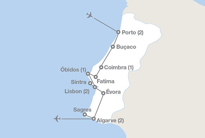Image displaying map describing the itinerary of the Discover Portugal tour