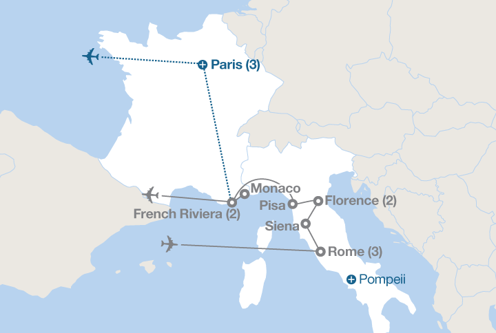 Image displaying map describing the itinerary of the Rome, Tuscany and the Riviera tour