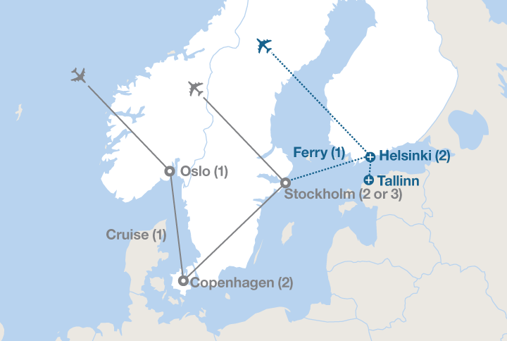 Image displaying map describing the itinerary of the Capitals of Scandinavia tour