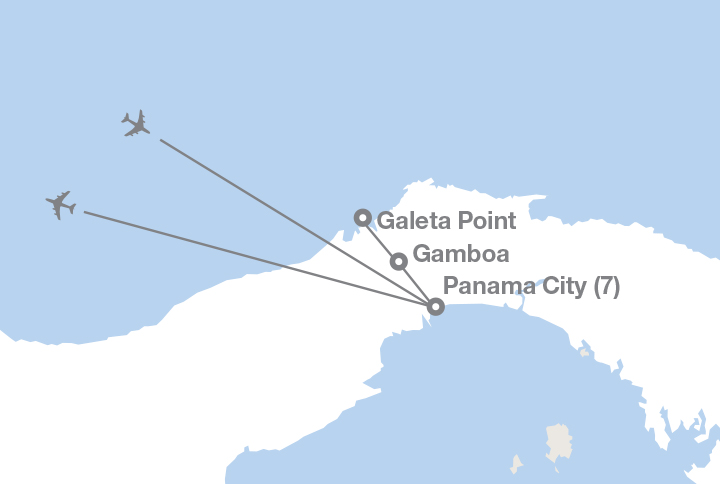 Image displaying map describing the itinerary of the Waterways and Wetlands in Panama tour