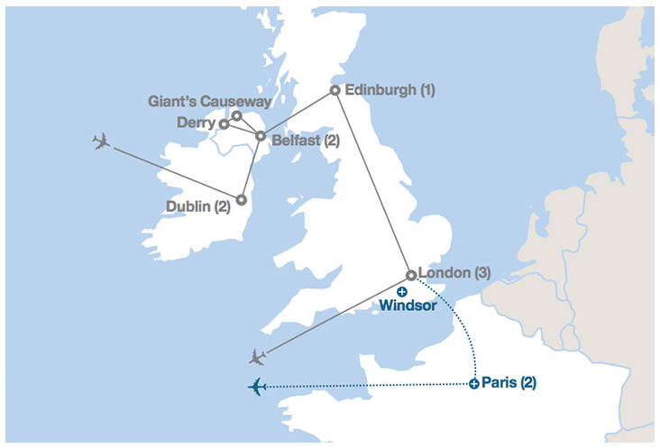 Image displaying map describing the itinerary of the Capitals of the British Isles tour