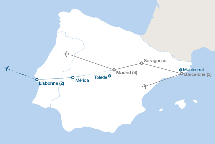 Image affichant une carte décrivant l'itinéraire du circuit Barcelone et Madrid