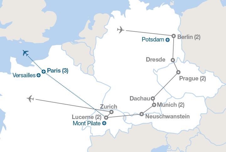 Image affichant une carte décrivant l'itinéraire du circuit Berlin, Prague et les Alpes
