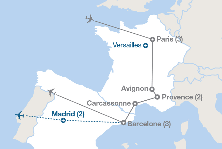 Image affichant une carte décrivant l'itinéraire du circuit Paris, la Provence et Barcelone