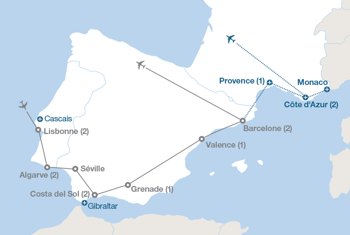 Image affichant une carte décrivant l'itinéraire du circuit Portugal et Espagne