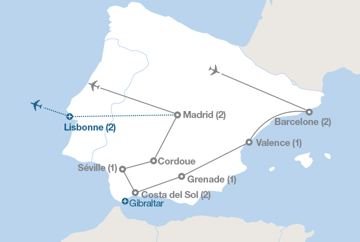 Image affichant une carte décrivant l'itinéraire du circuit Fiesta espagnole