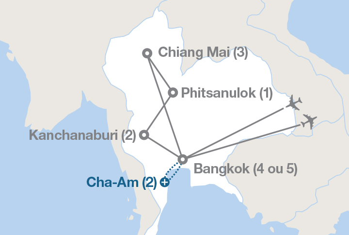 Image affichant une carte décrivant l'itinéraire du circuit Trésors de la Thaïlande