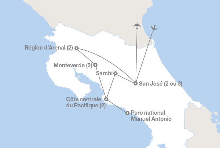 Image affichant une carte décrivant l'itinéraire du circuit Costa Rica : Une touche tropicale