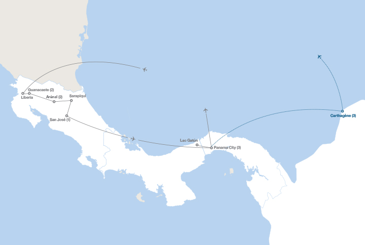 Image affichant une carte décrivant l'itinéraire du circuit Costa Rica et Panama