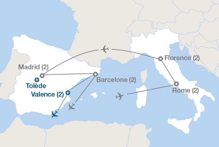 Image affichant une carte décrivant l'itinéraire du circuit Italie et Espagne