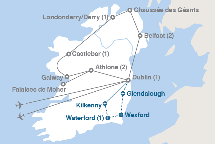 Image affichant une carte décrivant l'itinéraire du circuit L’Irlande en profondeur