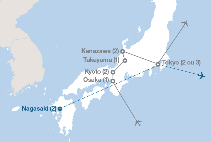 Image affichant une carte décrivant l'itinéraire du circuit À la découverte du Japon