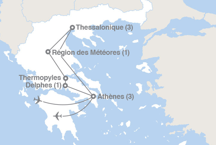 Image affichant une carte décrivant l'itinéraire du circuit La Grèce épique