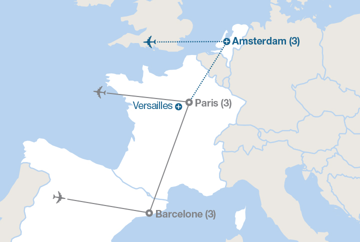 Image affichant une carte décrivant l'itinéraire du circuit Barcelone et Paris