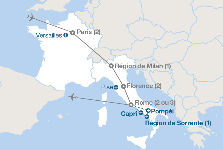 Image affichant une carte décrivant l'itinéraire du circuit Paris, Florence et Rome