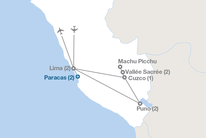 Image affichant une carte décrivant l'itinéraire du circuit Pérou : Cuzco, Machu Picchu et lac Titicaca