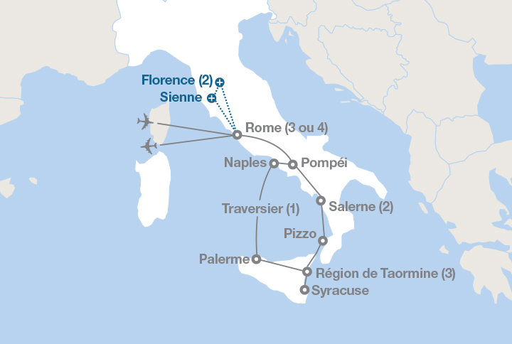 Image affichant une carte décrivant l'itinéraire du circuit De Rome à la Sicile