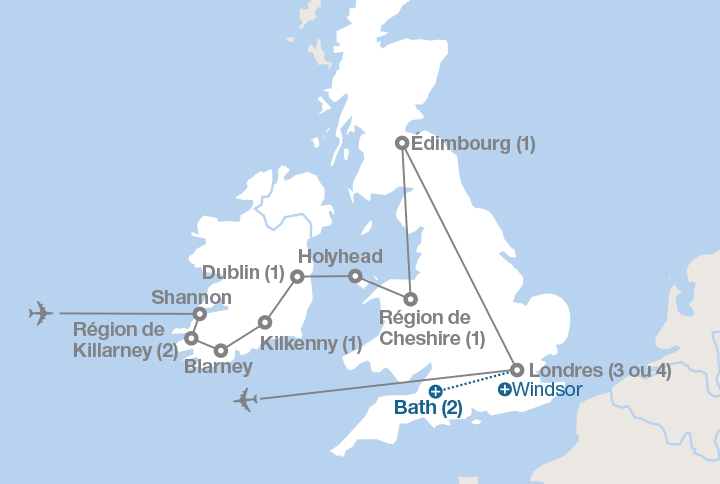 Image affichant une carte décrivant l'itinéraire du circuit Irlande, Écosse et Angleterre