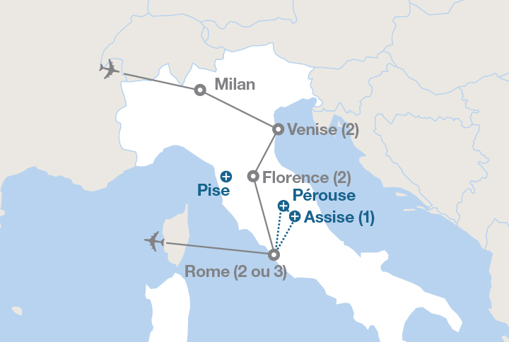 Image affichant une carte décrivant l'itinéraire du circuit Venise, Florence et Rome