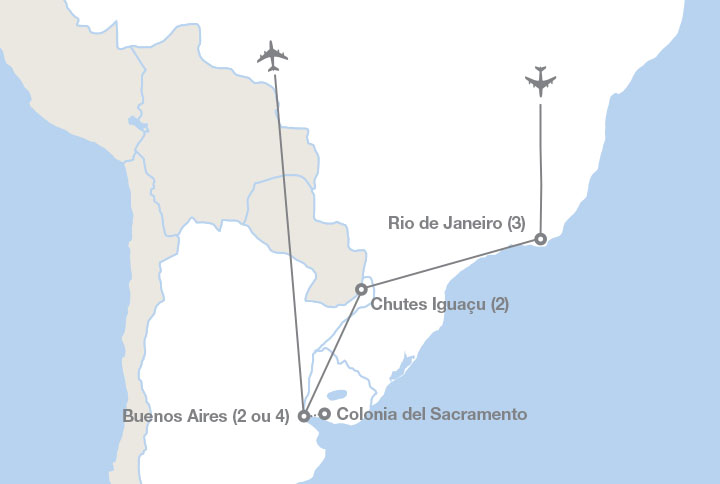 Image affichant une carte décrivant l'itinéraire du circuit Le Brésil et l'Argentine
