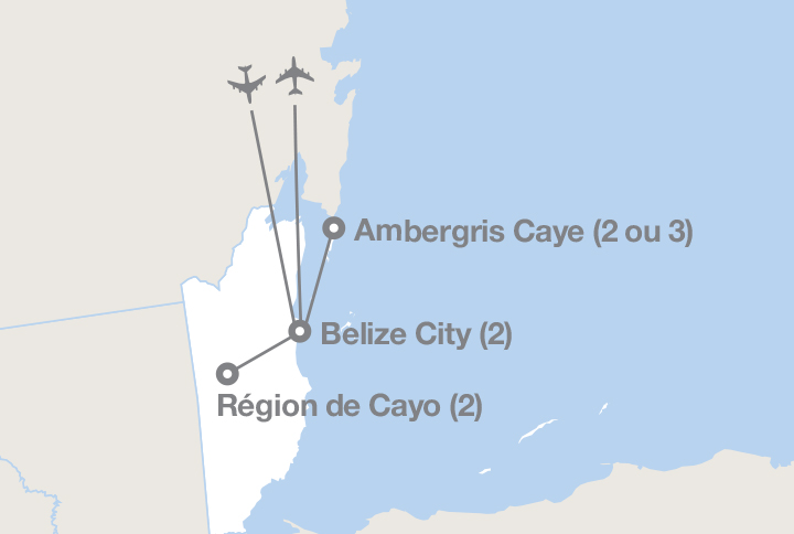 Image affichant une carte décrivant l'itinéraire du circuit Aventures au Belize
