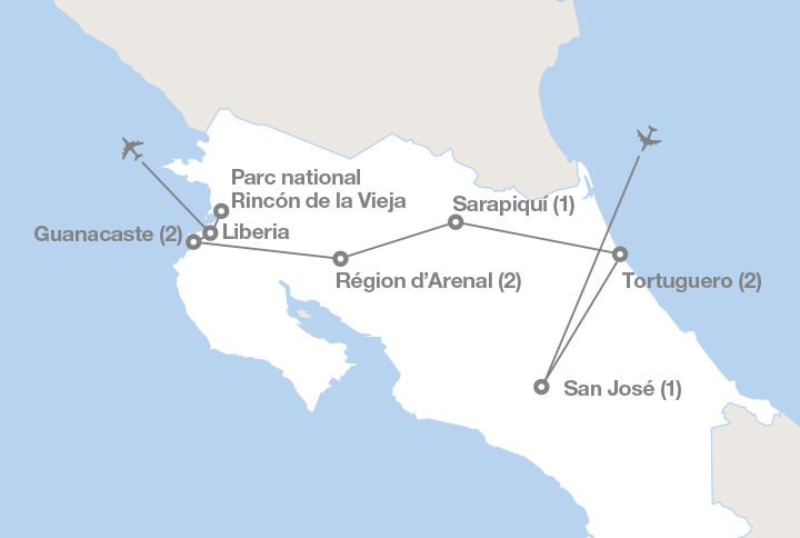 Image affichant une carte décrivant l'itinéraire du circuit Aventure au Costa Rica