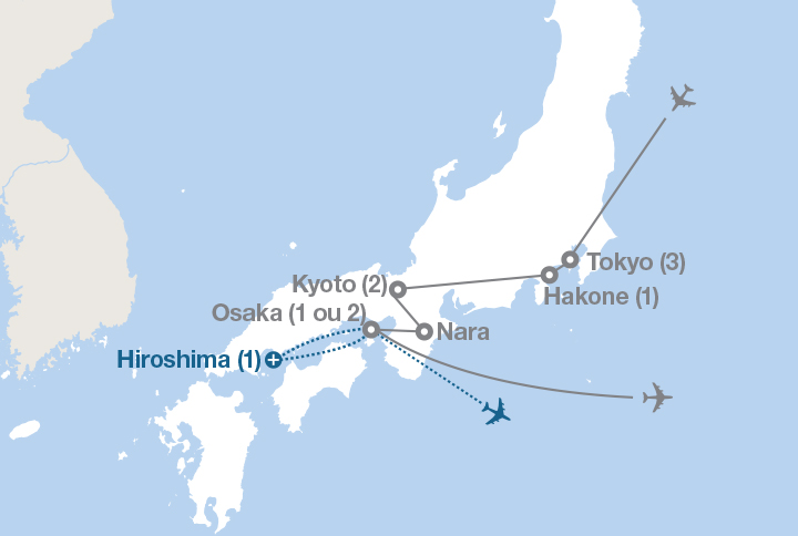 Image affichant une carte décrivant l'itinéraire du circuit Japon : Pays du Soleil levant