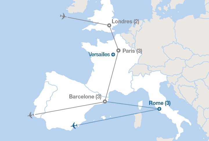 Image affichant une carte décrivant l'itinéraire du circuit Londres, Paris et Barcelone