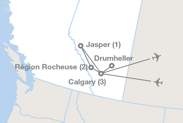 Image affichant une carte décrivant l'itinéraire du circuit Les Rocheuses canadiennes