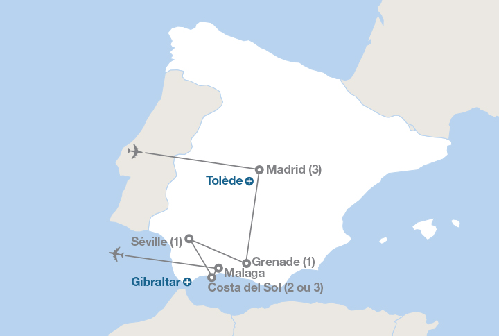 Image affichant une carte décrivant l'itinéraire du circuit Aventure en Espagne 