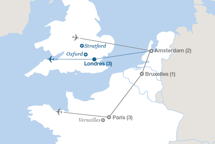 Image affichant une carte décrivant l'itinéraire du circuit Amsterdam et Paris