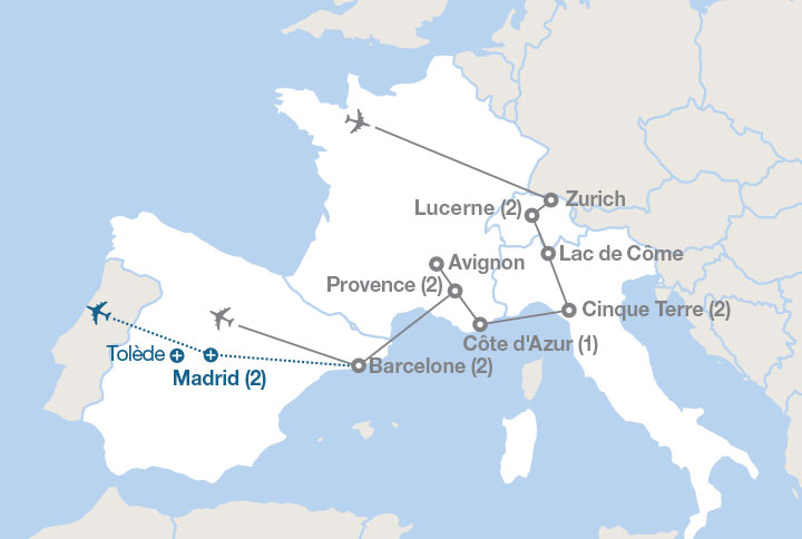Image affichant une carte décrivant l'itinéraire du circuit Les Alpes et la côte méditerranéenne