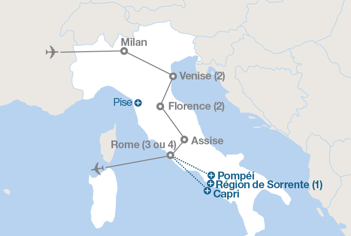 Image affichant une carte décrivant l'itinéraire du circuit Bell’ Italia