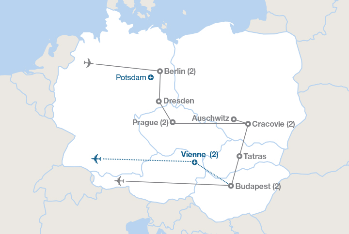 Image affichant une carte décrivant l'itinéraire du circuit Berlin, Prague, Cracovie et Budapest, avec prolongation à Vienne