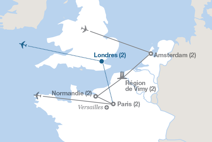 Image affichant une carte décrivant l'itinéraire du circuit Les champs de bataille du Canada