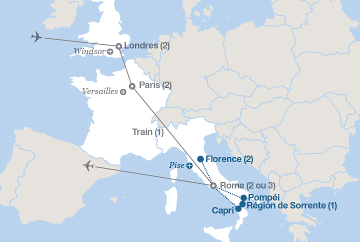 Image affichant une carte décrivant l'itinéraire du circuit Londres, Paris et Rome