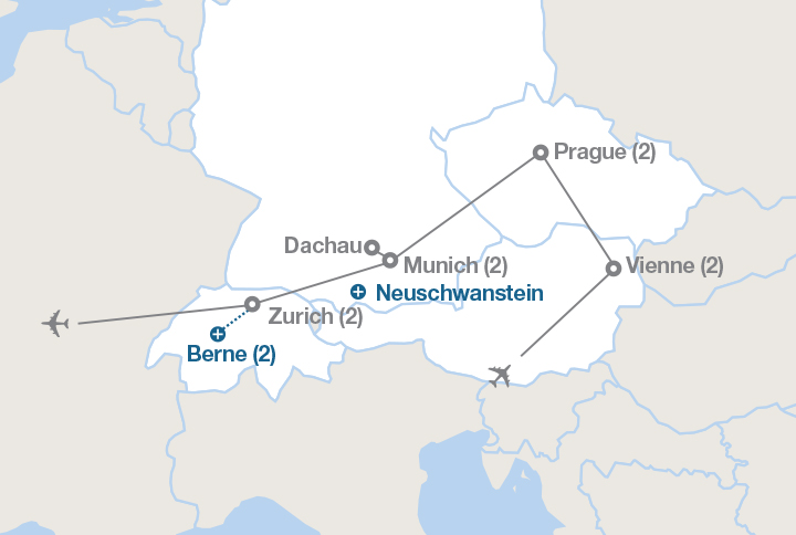 Image affichant une carte décrivant l'itinéraire du circuit Quatuor de l'Europe centrale