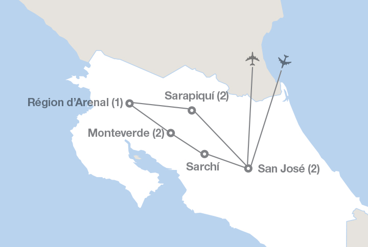 Image affichant une carte décrivant l'itinéraire du circuit Explorateur du Costa Rica