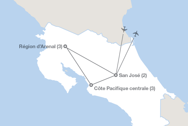 Image affichant une carte décrivant l'itinéraire du circuit L’écologie au Costa Rica