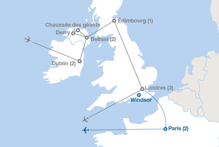 Image affichant une carte décrivant l'itinéraire du circuit Les capitales des îles Britanniques